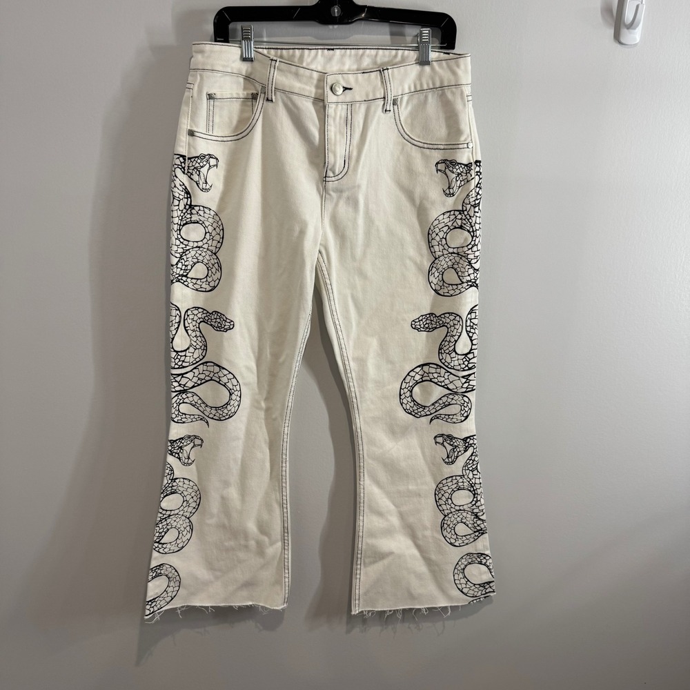 Milk It Ecru Cobra‎ Graphic Flare Jeans White Size 30 Raw Hem High Rise Denim